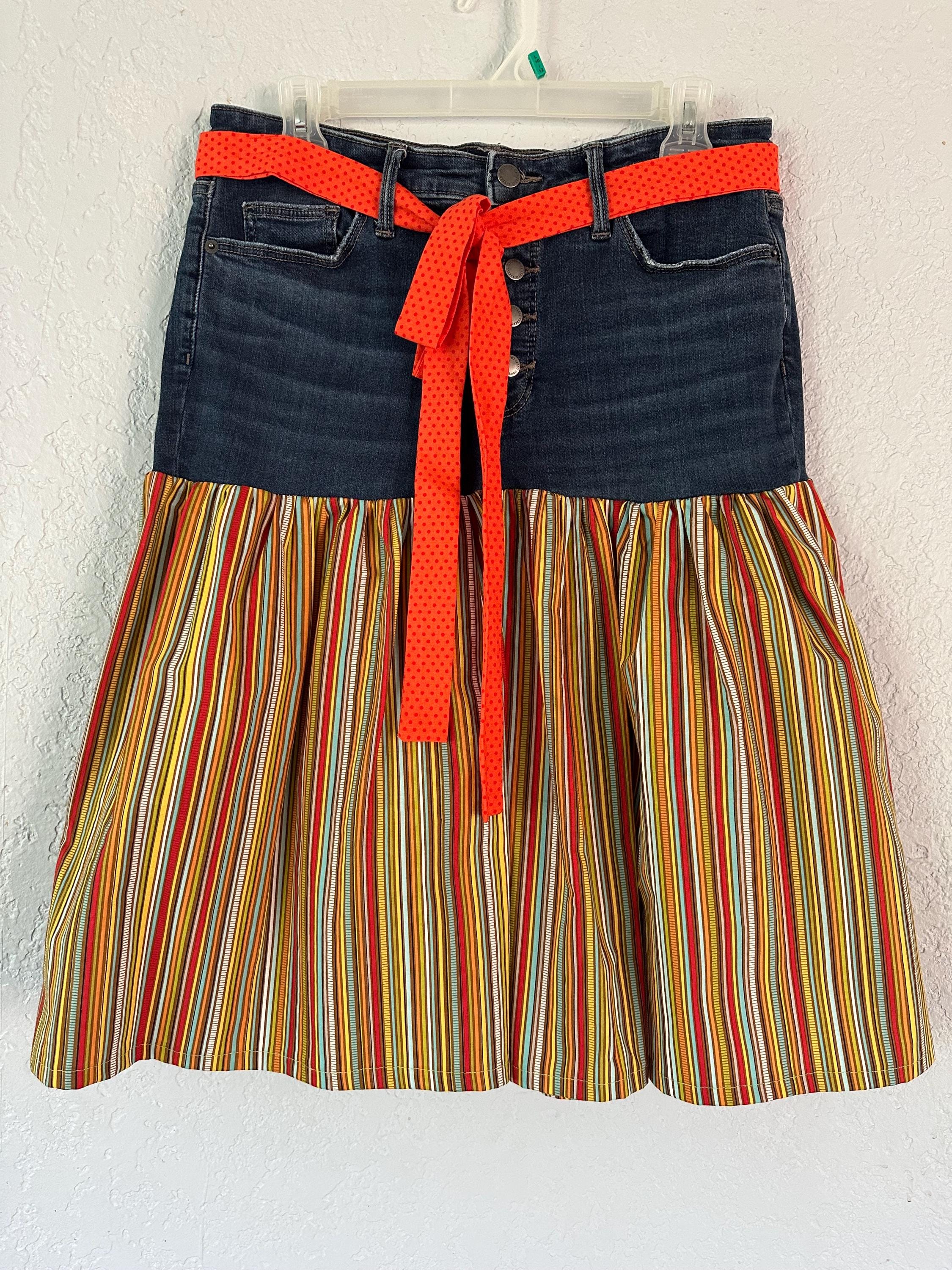 Jupe en jean à rayures amusante en denim recyclé et tissu de coton vintage