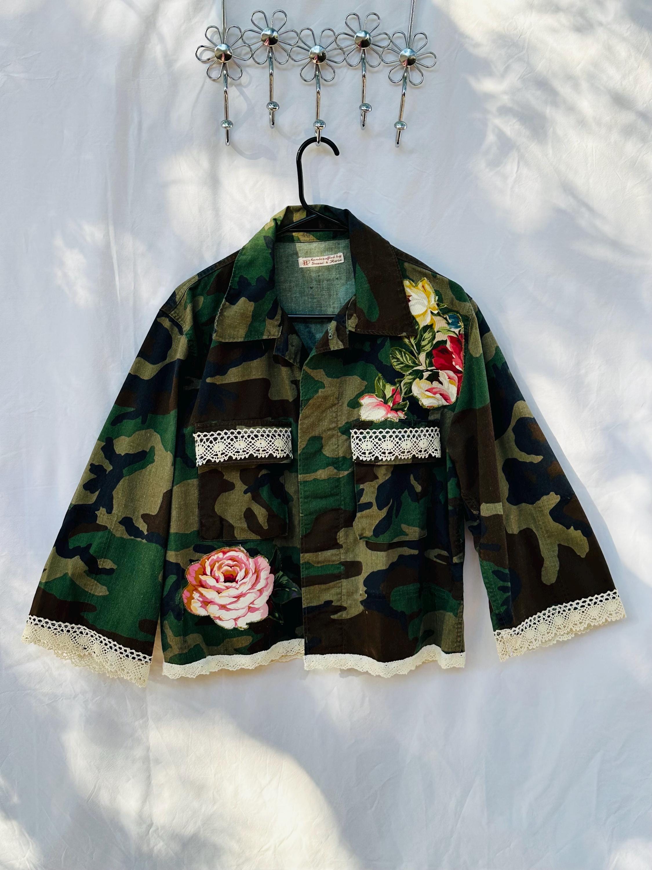Upcycled Short-style Camo Military Jacket: Flower Appliqué, Lace 