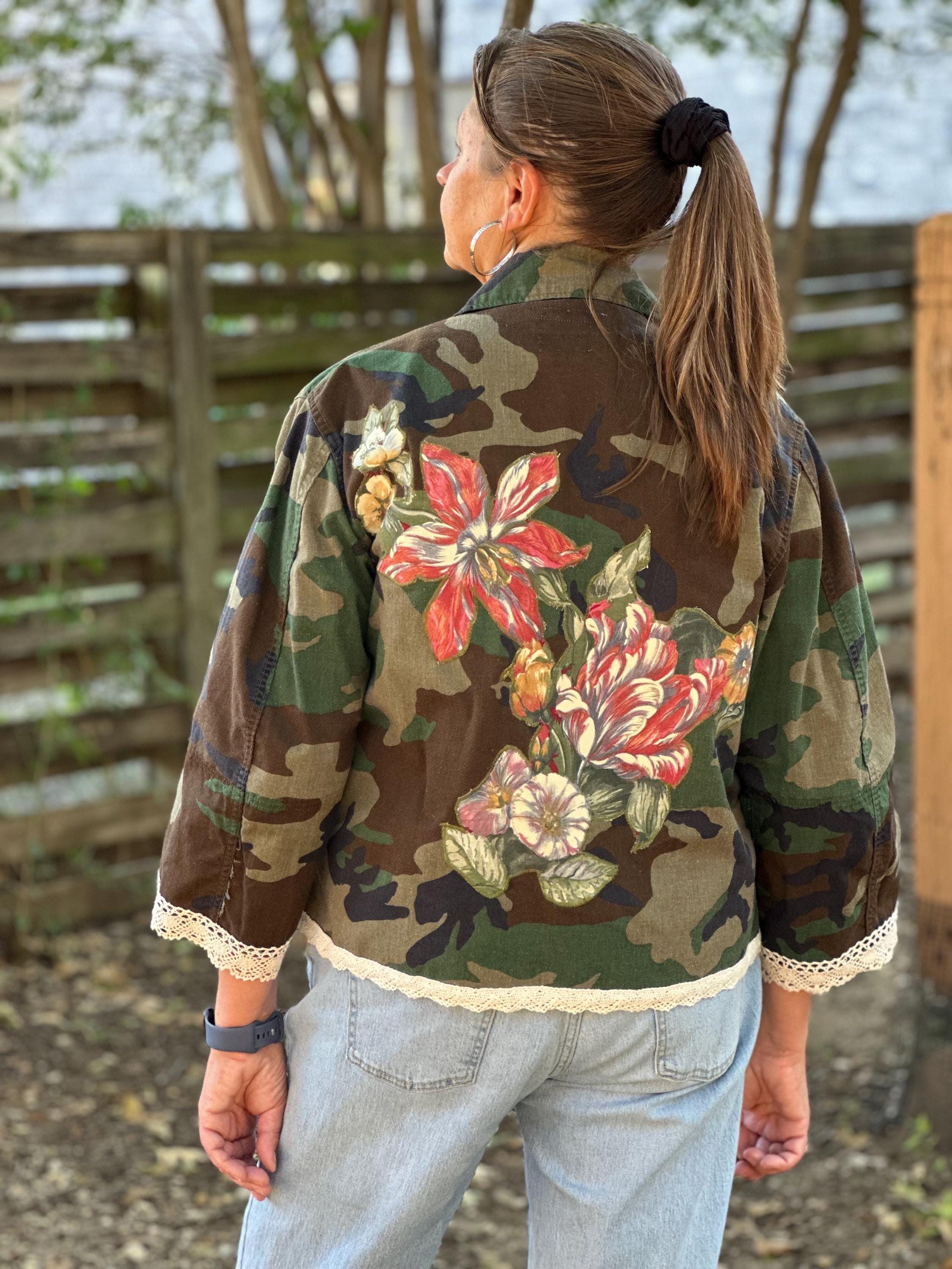 Upcycled Short-style Camo Military Jacket: Flower Appliqué, Lace