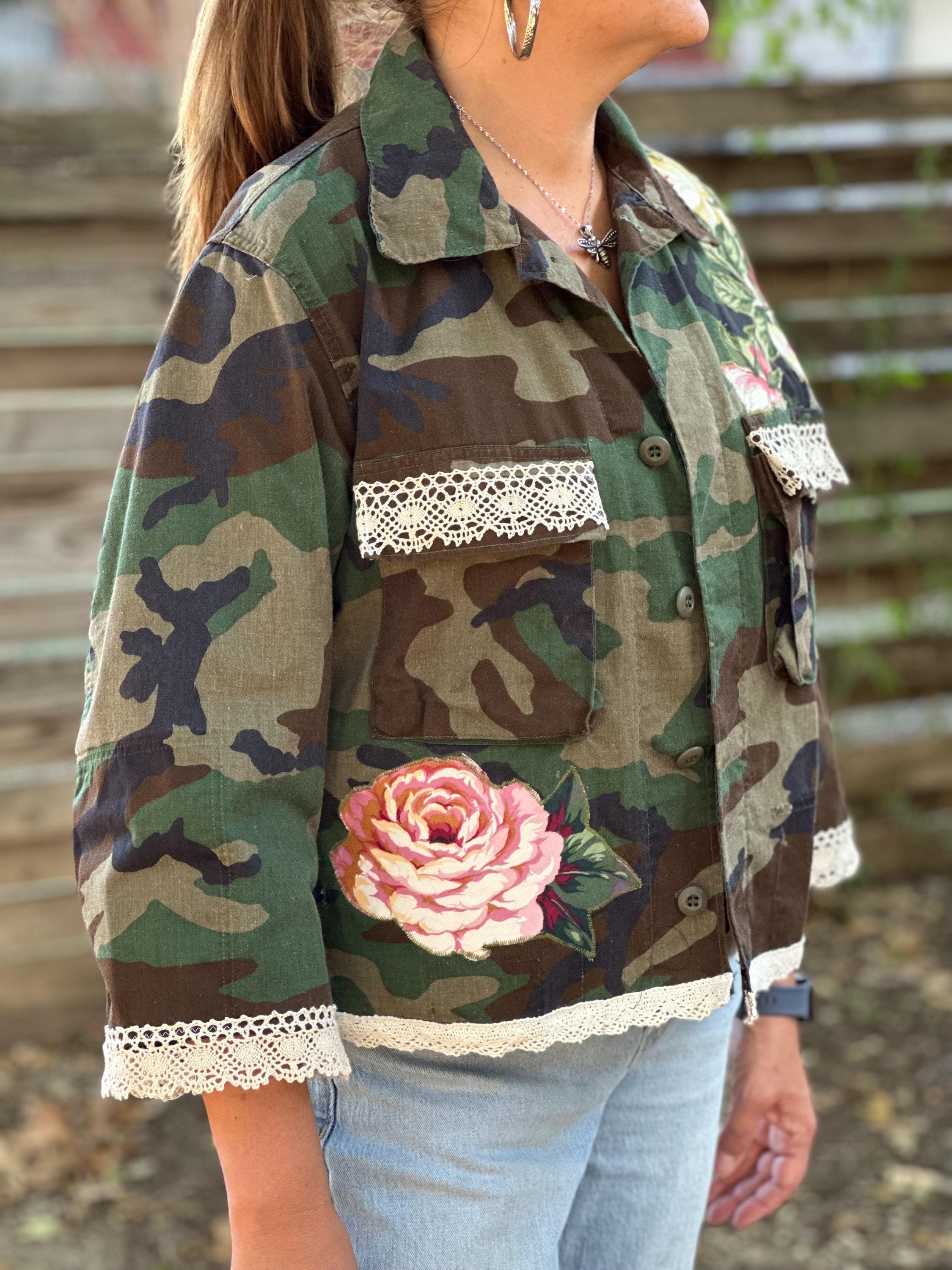 Upcycled Short-style Camo Military Jacket: Flower Appliqué, Lace 