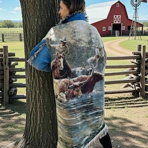 Unique Upcycled Western Boho Blanket Coat with Denim - Cowboys roping Longhorns