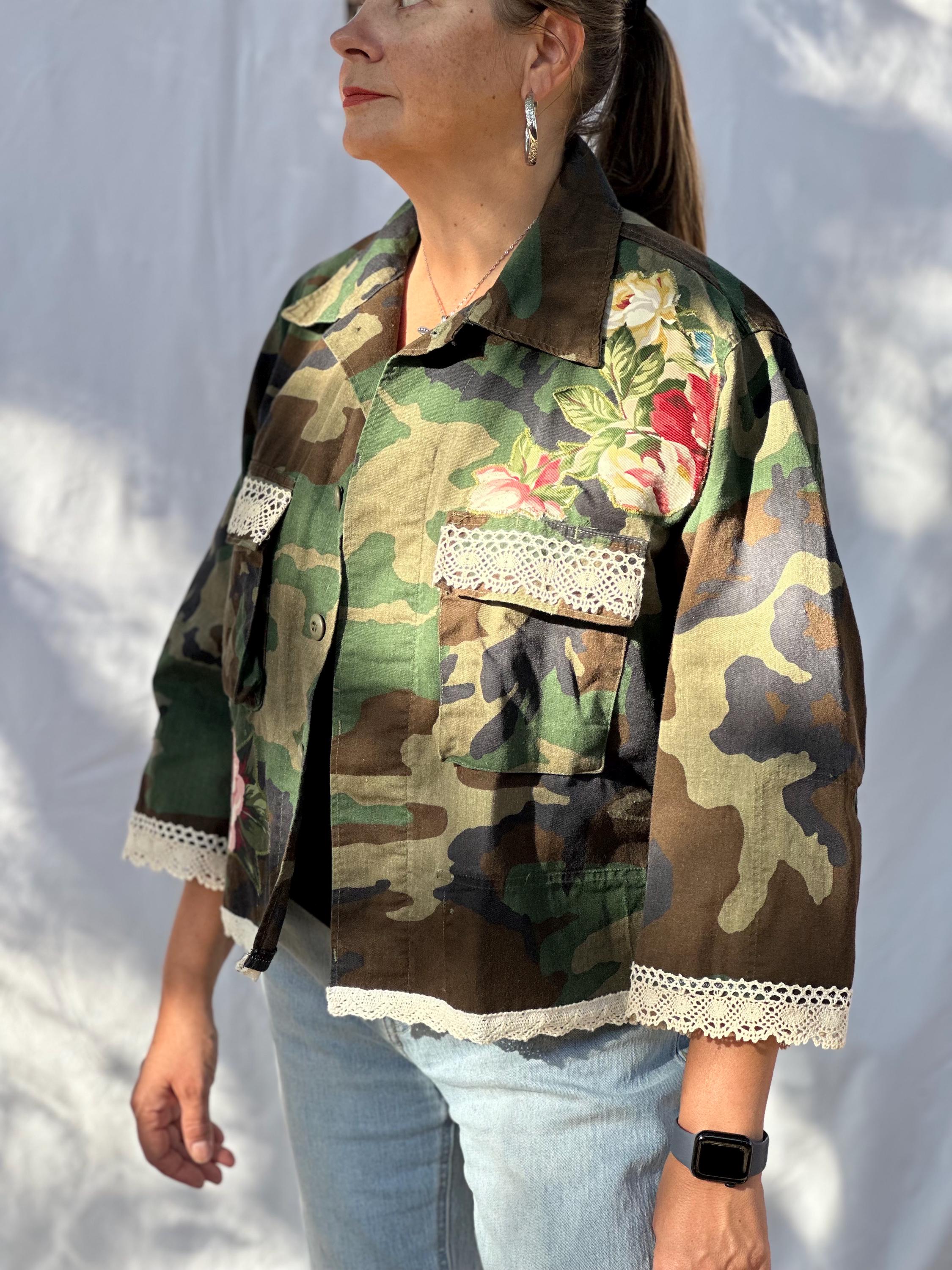 Upcycled Short-style Camo Military Jacket: Flower Appliqué, Lace 