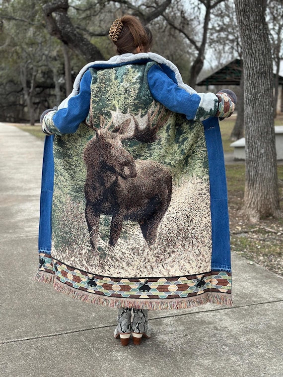 Faux Fur Luxury - Upcycled Boho Denim & Tapestry Coat with Antique Button - Medium
