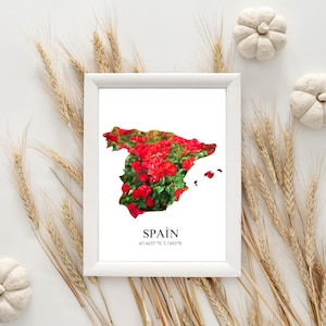 Spanien Karte Druck Kunst, Spanien künstlerische Reproduktion Dekor für Zuhause oder Geschenk, Farbkarte von Spanien mit roten Nelken