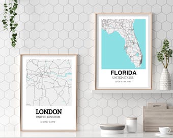 May include: Two framed maps, one of London, United Kingdom, and one of Florida, United States. Both maps are in black and white with a light blue background.
