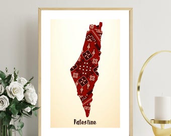 May include: A printable art print featuring a red and white patterned map of Palestine. The map is surrounded by a white border and the word "Palestine" is printed in black at the bottom.