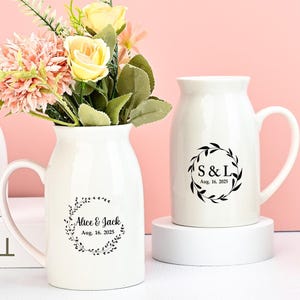 Anniversary Gift,Wedding or Engagement Gift,Use as a Personalized Vase or Utensil Holder,Wreath Design,Custom Bride & Groom Gift for Couple