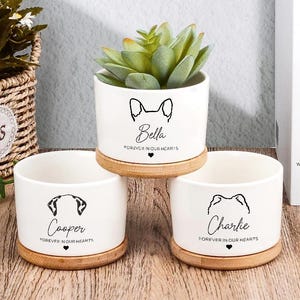 May include: Three white ceramic plant pots with bamboo saucers. Each pot has a different dog breed outline and a name: Bella, Cooper, and Charlie. The text "FOREVER IN OUR HEARTS" is below each name. One pot contains a succulent.