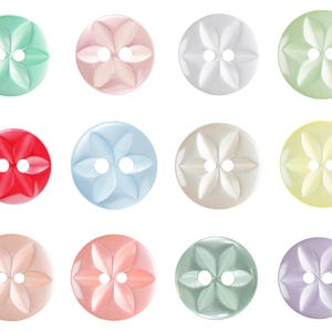 May include: A selection of twelve round buttons in pastel shades. Each button has a flower-shaped design with four petals and two holes for sewing. Colours include mint green, pink, white, light green, red, blue, cream, and yellow.