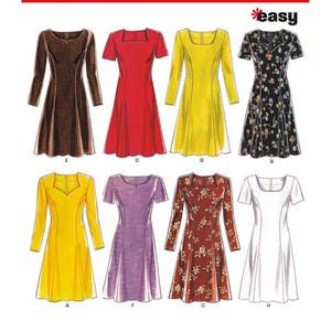 Könnte beinhalten: New Look 6567 Schnittmusterumschlag mit Illustrationen von acht verschiedenen Kleiddesigns. Die Modelle zeigen unterschiedliche Ärmellängen, Ausschnittformen und Stoffmuster in Farben wie Braun, Rot, Gelb, Schwarz mit Blumenmuster, Lila und Weiß.