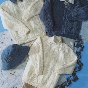 PDF Knitting pattern leaflet instructions to knit Childs Aran Sweater, Tunic Cardigan in Aran yarn Size 50-75cm 20-30" instant download.
