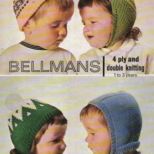 May include: Four knitting patterns for baby hats. The patterns include a pink and blue hat with a pom-pom, a green hat with a white pom-pom, and two different styles of earflap hats. The patterns are for 4 ply and double knitting and are suitable for ages 1 to 3 years. Bellmans 8p 330.