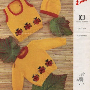 May include: A knitting pattern for a yellow sweater, vest, and hat with ladybug designs. The pattern is from Emu, a double knitting brand, and is available in four sizes. The pattern is for sizes 19-22 inches.