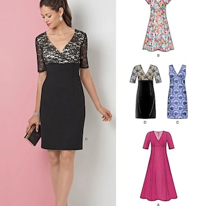 Könnte beinhalten: New Look Schnittmuster 6410 mit vier Kleider-Variationen. Ein Kleid hat einen schwarzen Rock mit einem schwarz-weißen Spitzenoberteil. Weitere Abbildungen zeigen ein Kleid mit Blumenmuster, ein blau gemustertes Kleid und ein einfarbiges rosa Kleid.