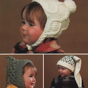 May include: Three photos of babies wearing different knitted hats with ear flaps. The first hat is white with a pom-pom on top. The second hat is grey with a long tail. The third hat is white with a green and white pattern and a long tail.