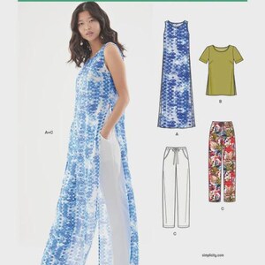 Pode incluir: Molde de costura New Look 6566 para tamanhos 34-44. A embalagem mostra uma túnica sem mangas com padrão azul e branco sobre calças brancas, ao lado de ilustrações técnicas de um top oliva liso e calças com estampa floral.