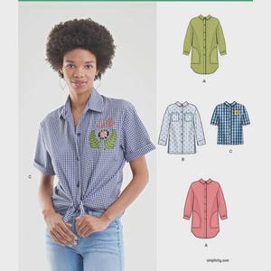May include: New Look 6561 sewing pattern envelope featuring a blue and white gingham shirt with a tie-front detail and embroidered patch. The envelope displays technical illustrations of four shirt variations in olive, light blue, and pink colours.