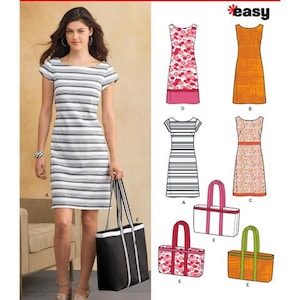 May include: New Look 6095 sewing pattern envelope featuring a short-sleeved dress with horizontal stripes and a matching tote bag. The design includes illustrations for four dress variations and three tote bag styles with various patterns and colours.