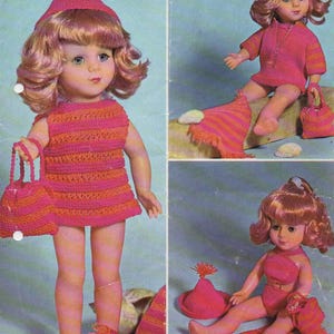 May include: A vintage doll wearing a handmade pink and orange crochet outfit, including a dress, hat, purse, and beach towel. The doll is approximately 14 to 16 inches tall. The image is a vintage advertisement for a doll clothing pattern.