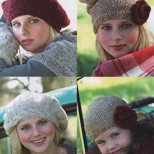 May include: Four different knitted hats are displayed. A burgundy beret, a tan beanie with a red flower, a light gray beret, and a tan beanie with a red flower. The hats are modeled by women and a child.