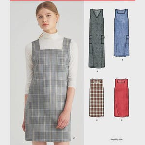 May include: New Look pattern 6572 for a sleeveless dress with a square neckline and side pockets. The pattern includes four variations: a dark herringbone, a blue denim, a plaid, and a solid red design, shown in sizes 36-48.