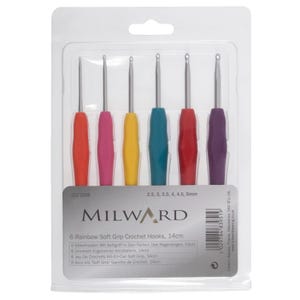 May include: A package of six crochet hooks with rainbow-colored soft grip handles. The hooks are in a clear plastic package. The sizes are 2.5, 3, 3.5, 4, 4.5, and 5mm. The text on the package reads "6 Rainbow Soft Grip Crochet Hooks, 14cm".