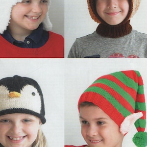 May include: Four children wearing different knitted hats. The hats are a snowman, a reindeer, a penguin, and an elf. The hats are all made with chunky yarn and are perfect for winter.