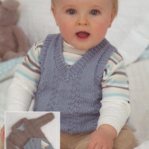 May include: A baby wearing a light blue knitted vest with a V-neck design. The baby is also wearing a striped long-sleeved shirt and tan pants. A small inset image shows two additional knitted sweaters.