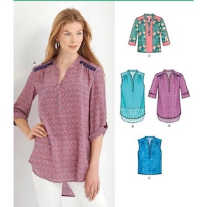 May include: New Look pattern 6374 for a tunic top with a split neckline and shoulder panels. The pattern includes four variations: a long-sleeved version with a geometric print, a sleeveless version, a three-quarter sleeve version, and a floral print.
