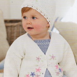 Embroidered Baby Cardigan & Hat Knitting Pattern: DK Yarn (PDF Pattern)