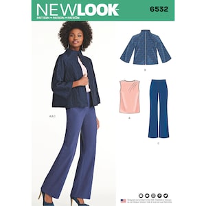 Könnte beinhalten: New Look Schnittmuster 6532 mit einer dunkelblauen, strukturierten Jacke mit Dreiviertelärmeln, einem hellrosa ärmellosen Oberteil und einer blauen Hose mit weitem Bein. Das Schnittmuster enthält technische Zeichnungen für alle Teile.