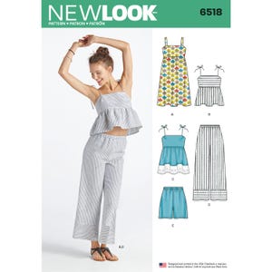May include: New Look pattern 6518 features sewing instructions for a two-piece set including a peplum top with tie straps and wide-leg pants or shorts. The pattern displays various styles, including a floral print dress and striped separates.