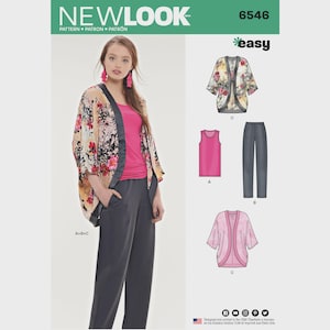 May include: New Look pattern 6546 for an easy sewing project. The envelope displays a floral print kimono-style jacket, a solid pink sleeveless tank top, and dark grey trousers. Technical illustrations show the three garment pieces labelled A, B, and C.