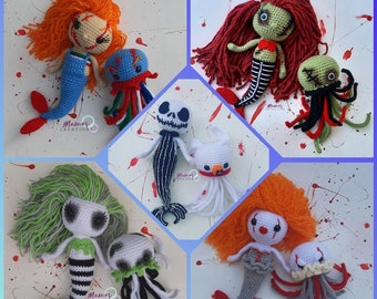 Slasher Mermaid PDF Pattern Crochet Amigurumi Horror Dolls Zombie Beetlejuice Chucky Pennywise Jack Skellington