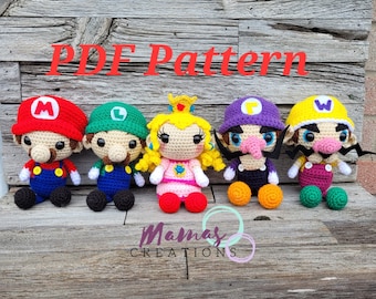 Tiny Gamers Amigurumi PDF Crochet Pattern Mamas Creations Mario Luigi Wario Waluigi Peach