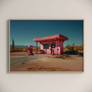 Pink Gas Station Art Print, Desert Landscape Decor, Southwestern & Western Wall Art, Vintage Retro Boho Eclectic
