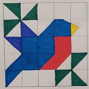 May include: A hand-drawn, geometric bird design in a grid pattern. The bird is primarily blue with a red breast and yellow beak. Green and white geometric shapes surround the bird, all on a white background.