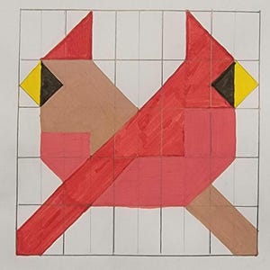 Könnte beinhalten: Geometrische Illustration von zwei roten Kardinälen, die sich gegenüberstehen. Die Vögel haben gelbe Schnäbel, schwarze Akzente und sind vor einem Rasterhintergrund platziert. Das Kunstwerk verwendet Rot-, Braun- und Gelbtöne.