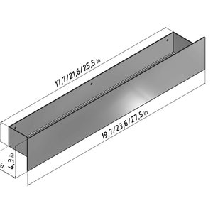 May include: A metal planter box with measurements in inches. The planter is 17.7 inches long, 21.6 inches long, 25.5 inches long, 19.7 inches wide, 23.6 inches wide, 27.5 inches wide, 2.7 inches high, 3.9 inches high, and 4.3 inches high.