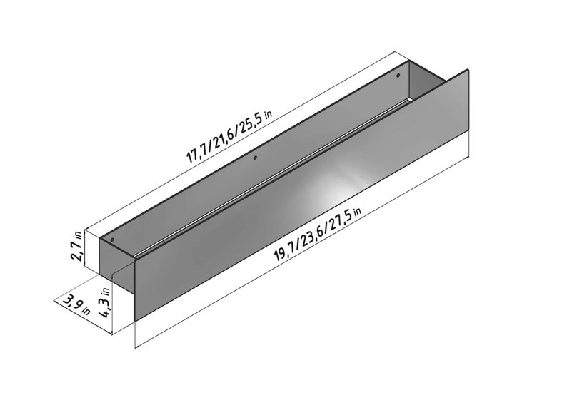 May include: A metal planter box with measurements in inches. The planter is 17.7 inches long, 21.6 inches long, 25.5 inches long, 19.7 inches wide, 23.6 inches wide, 27.5 inches wide, 2.7 inches high, 3.9 inches high, and 4.3 inches high.
