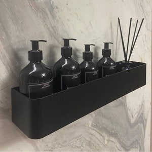 Elegant black shelf. Designer stainless steel wall mounted shelf. Modern floating shelf for bathroom. Minimalist bathroom shelving.