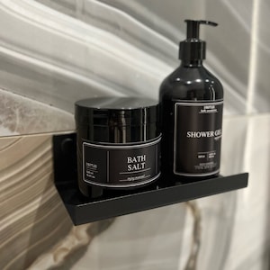 Minimalist black shelf. Modern floating shelf for bathroom. Stainless steel wall mounted shelf. Minimalist bathroom shelving.