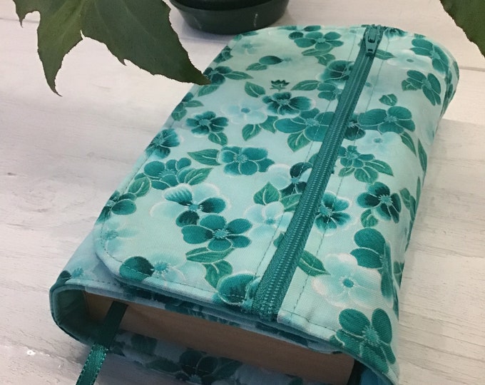 Teal Flowers Paperback Fabric Book Cover, Zipper Pocket for Reading