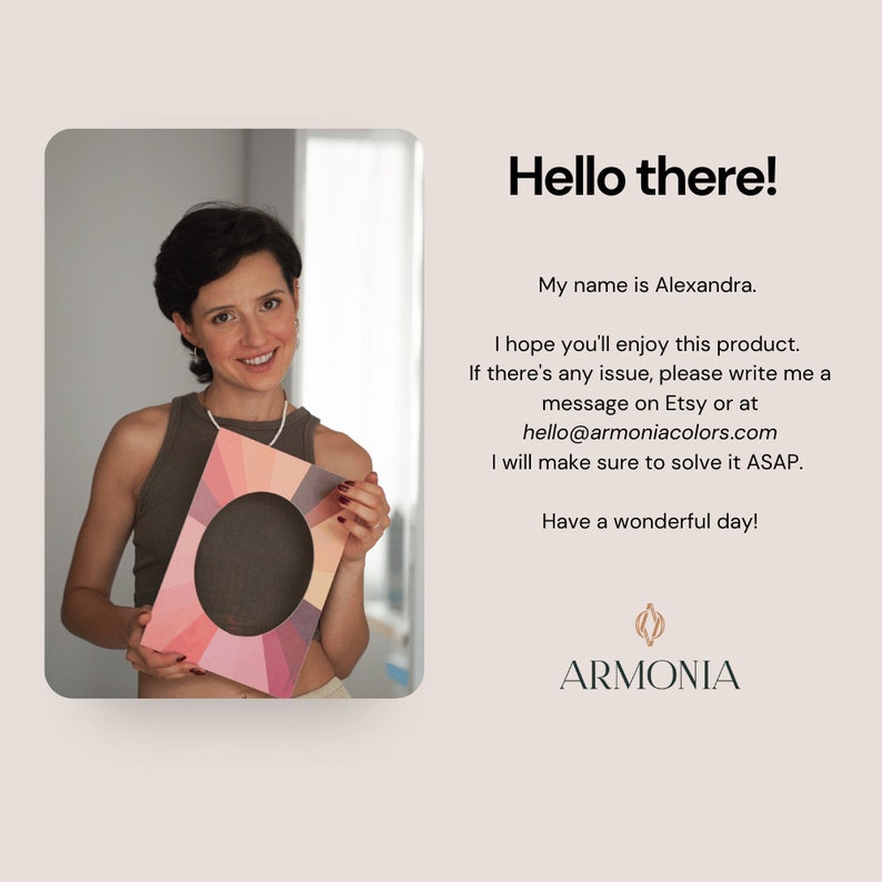 Puede incluir: Una mujer sostiene una rueda de colores con un marco rosa. La rueda de colores tiene una variedad de colores, incluyendo rojo, naranja, amarillo, verde, azul, &iacute;ndigo y violeta. El texto "ARMONIA" es visible en la esquina inferior derecha de la imagen.