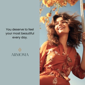 Armonia's motto and logo on the left, woman on the right