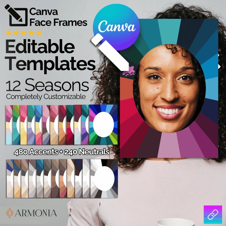 color analysis editable face frames, canva templates, cover, woman on the right using a face frames, presenting tha fact that you can edit them