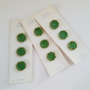 Lot 1950s Green and Gold Vintage Glass Buttons by Schwanda on Cards Med Size Three Quarter Inch Old Stock Three Cards 9 Buttons