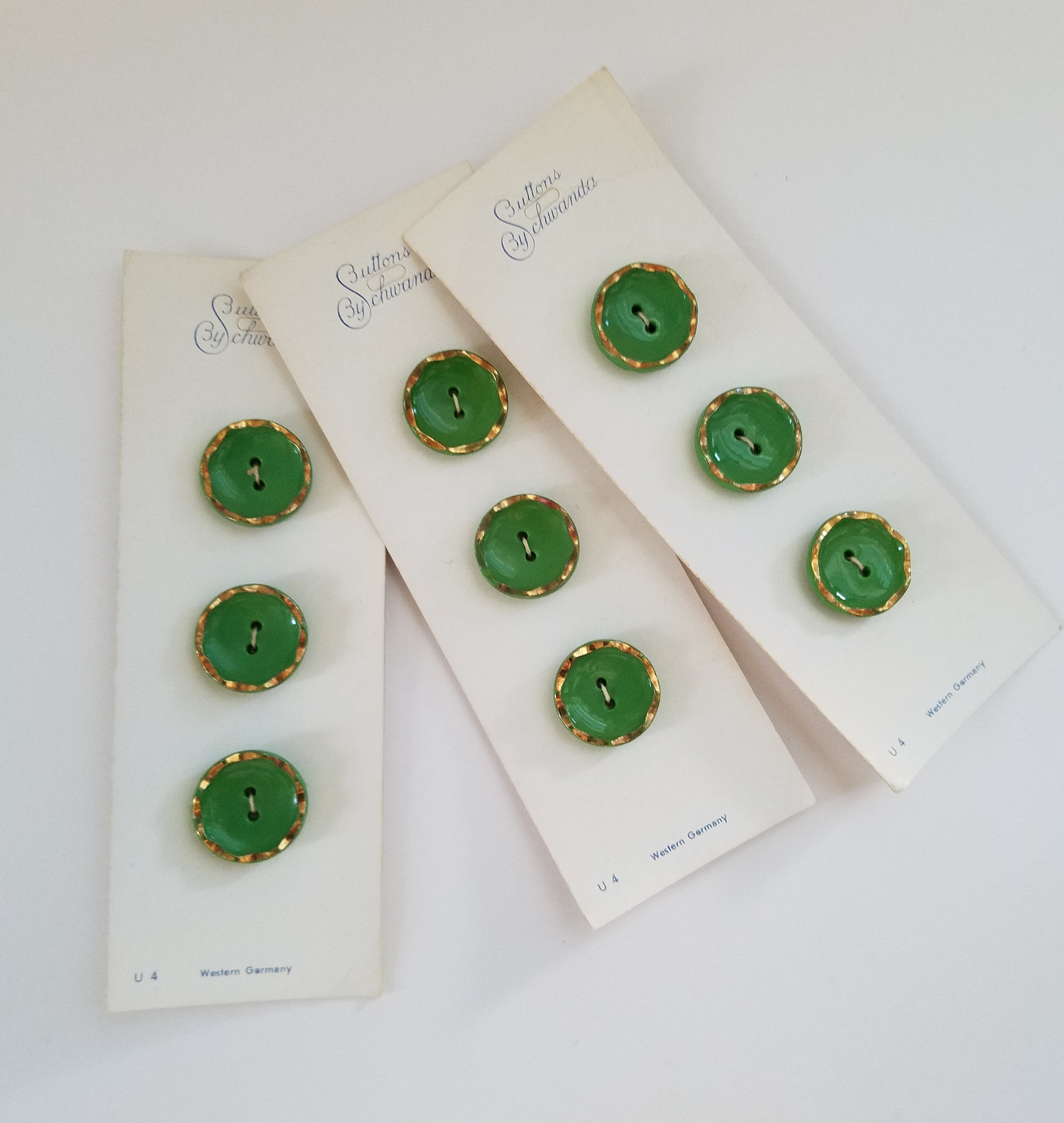 Lot 1950s Green and Gold Vintage Glass Buttons by Schwanda on Cards Med Size Three Quarter Inch Old Stock Three Cards 9 Buttons
