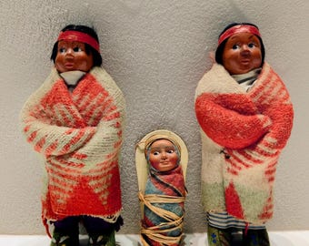 Skookum doll lot children trio set boy girl papoose baby 1940s