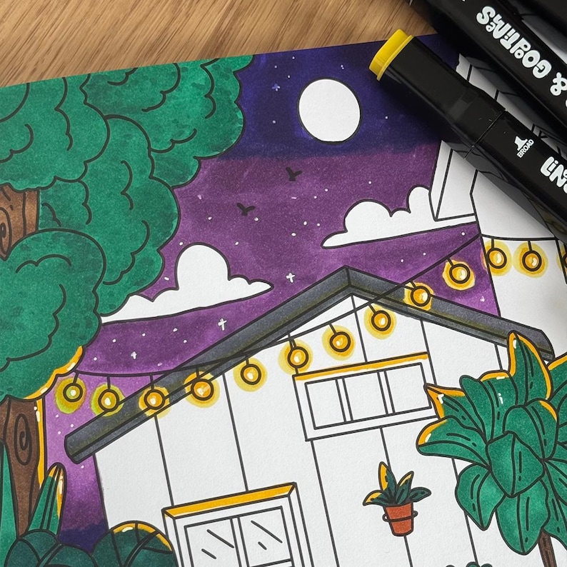 May include: A hand-drawn illustration of a white house with a black roof and yellow lights strung around the eaves. The house has two windows and a green bush in front. The background is a purple sky with white clouds and a full moon.